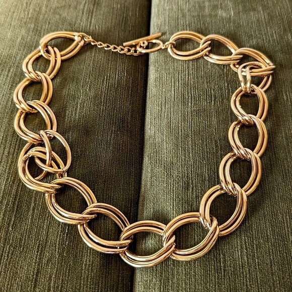 Chunky Double Link Collar Necklace Gold Tone Metal Toggle Clasp Maximalist - Picture 3 of 9